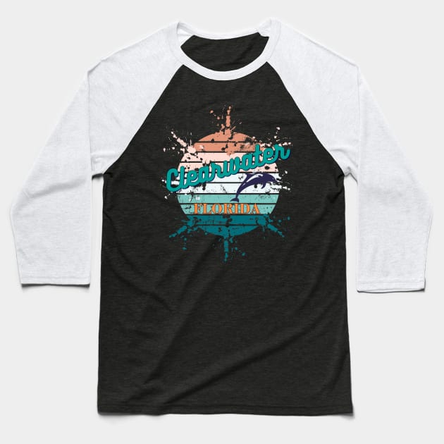 Clearwater Florida Exploding retro sunset Baseball T-Shirt by AdrianaHolmesArt